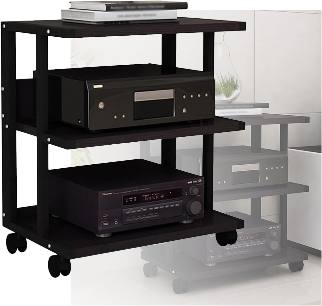 YLQFGUVWK Removable AV Media Stand 3 Tiers Stereo Rack Audio Tower with Height Adjustable Wooden Stand for Home/Office/Audio Video (Color : Black