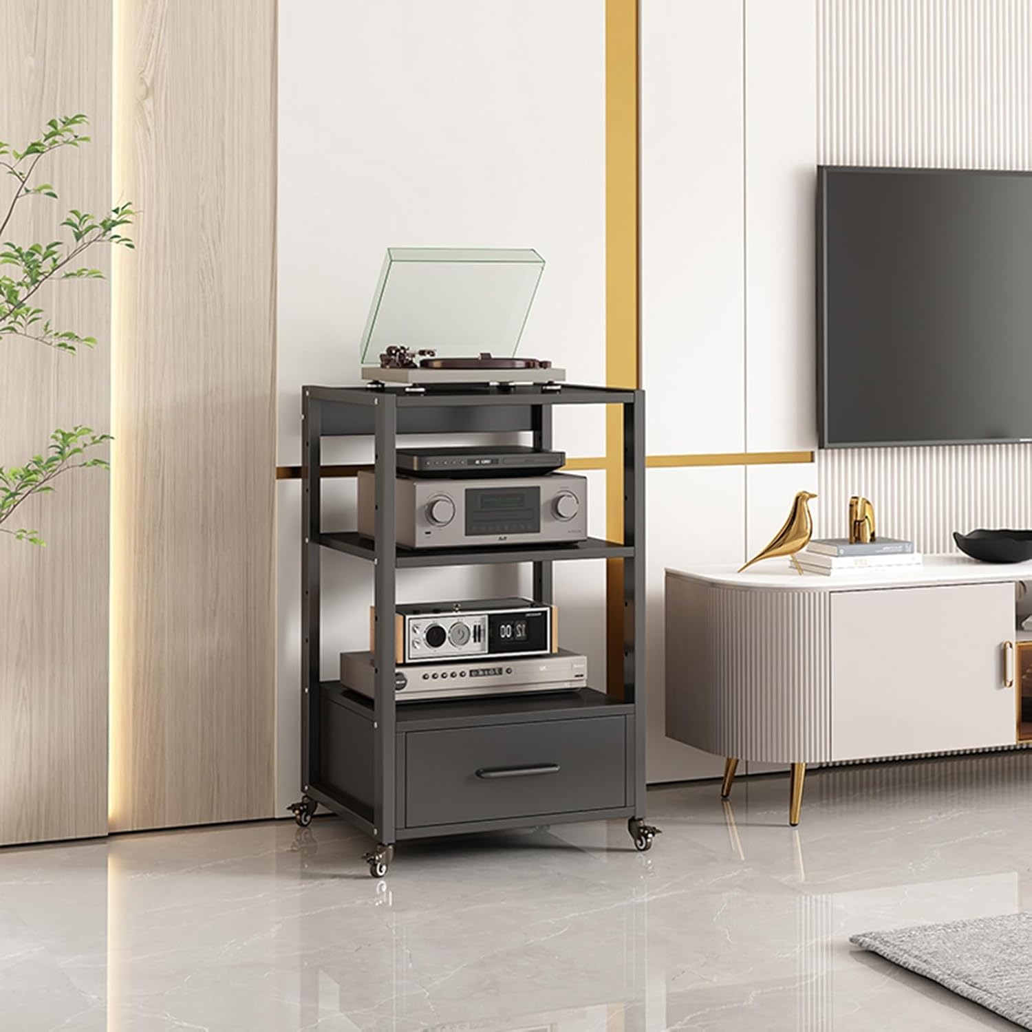 3-Tier Movable AV Media Stand Record Player Stand Entertainment Center Stereo Components Storage Cabinet Audio Rack with Height Adjustable Wooden Shelf and Drawer for Home/Office/Theater