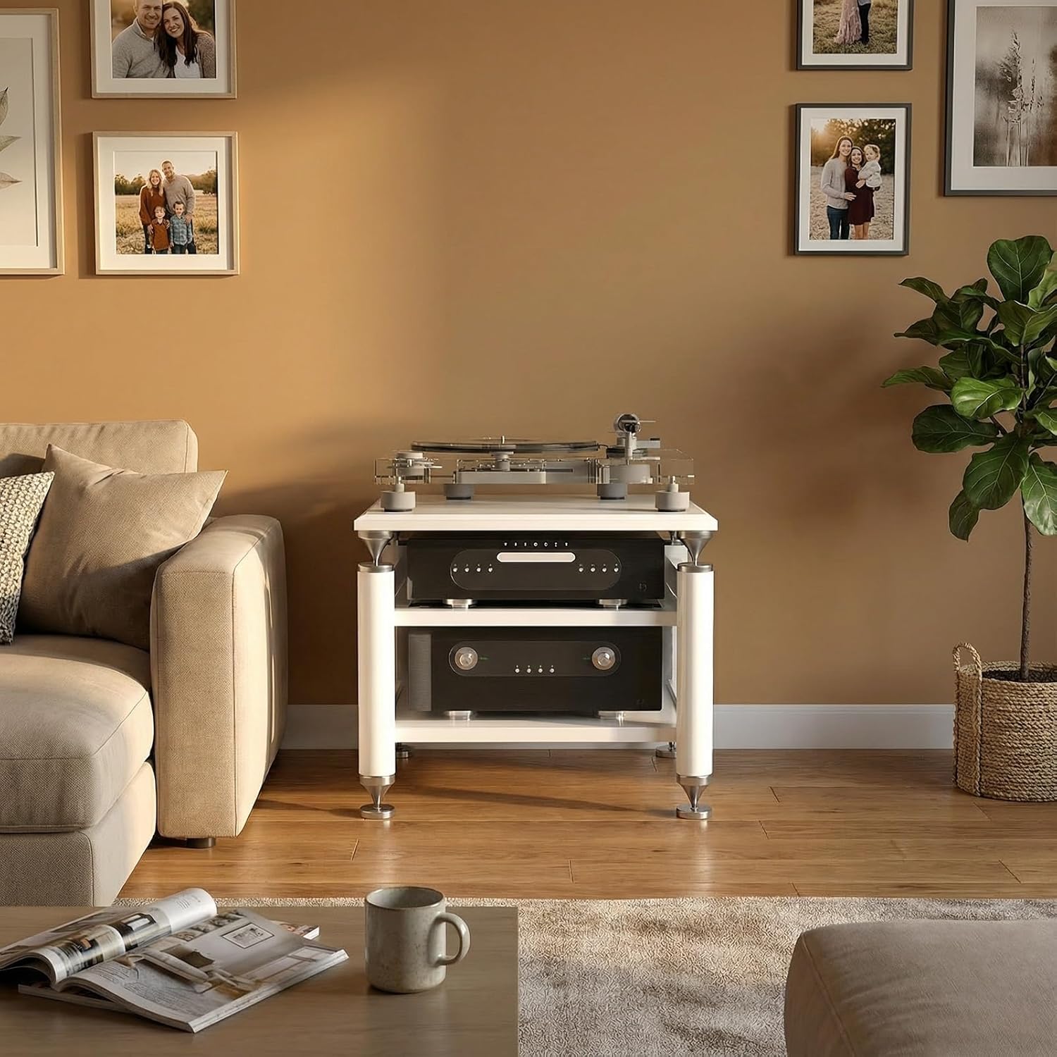 DKPLOE Av Media Stand Audio-Video Shelving Stereo Racks and Stands with Storage Shelves with Adjustable Shelves Features Shock-Absorbing Feet Suitable for Media Players(Black+White