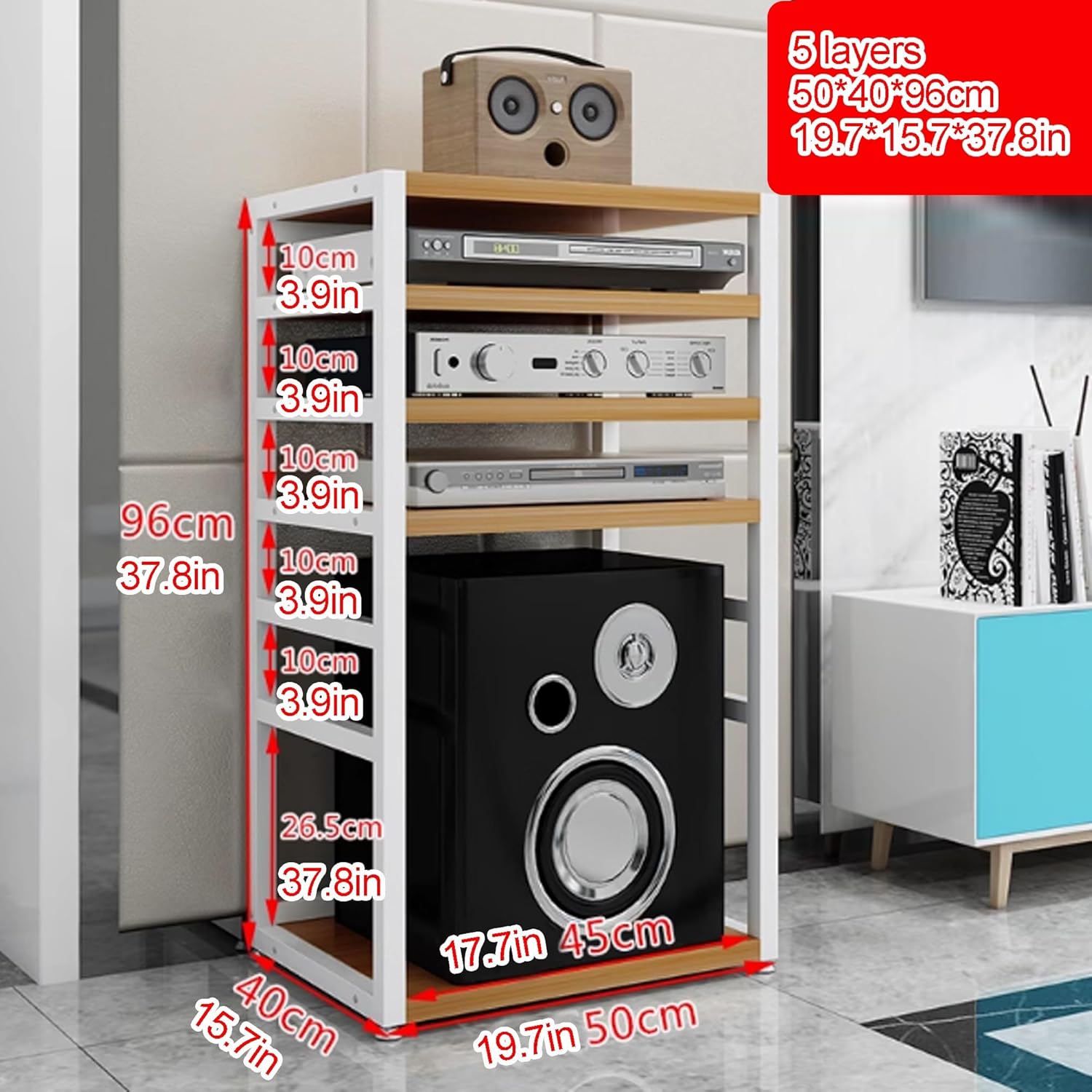 OVOGGPAN 5 Tier AV Media stereo stand Audio-video shelving Audio Rack Media Open Storage Shelves Component Cabinet for Living Room