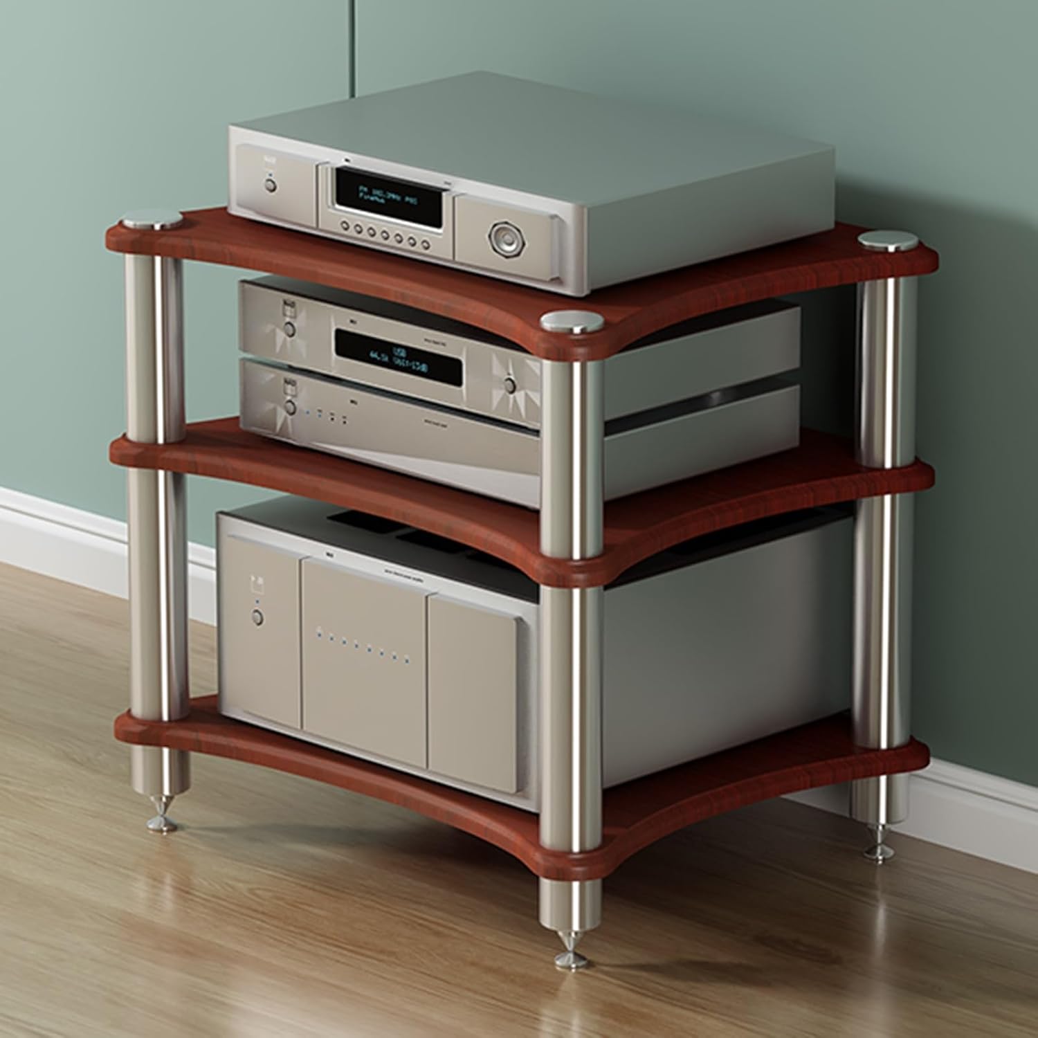 Movable 3-Tier Audio Rack Tower - Heavy Duty Media Stand for Home Theater & Studio - Adjustable Shelf for Stereo Receiver & Record Player (Teak