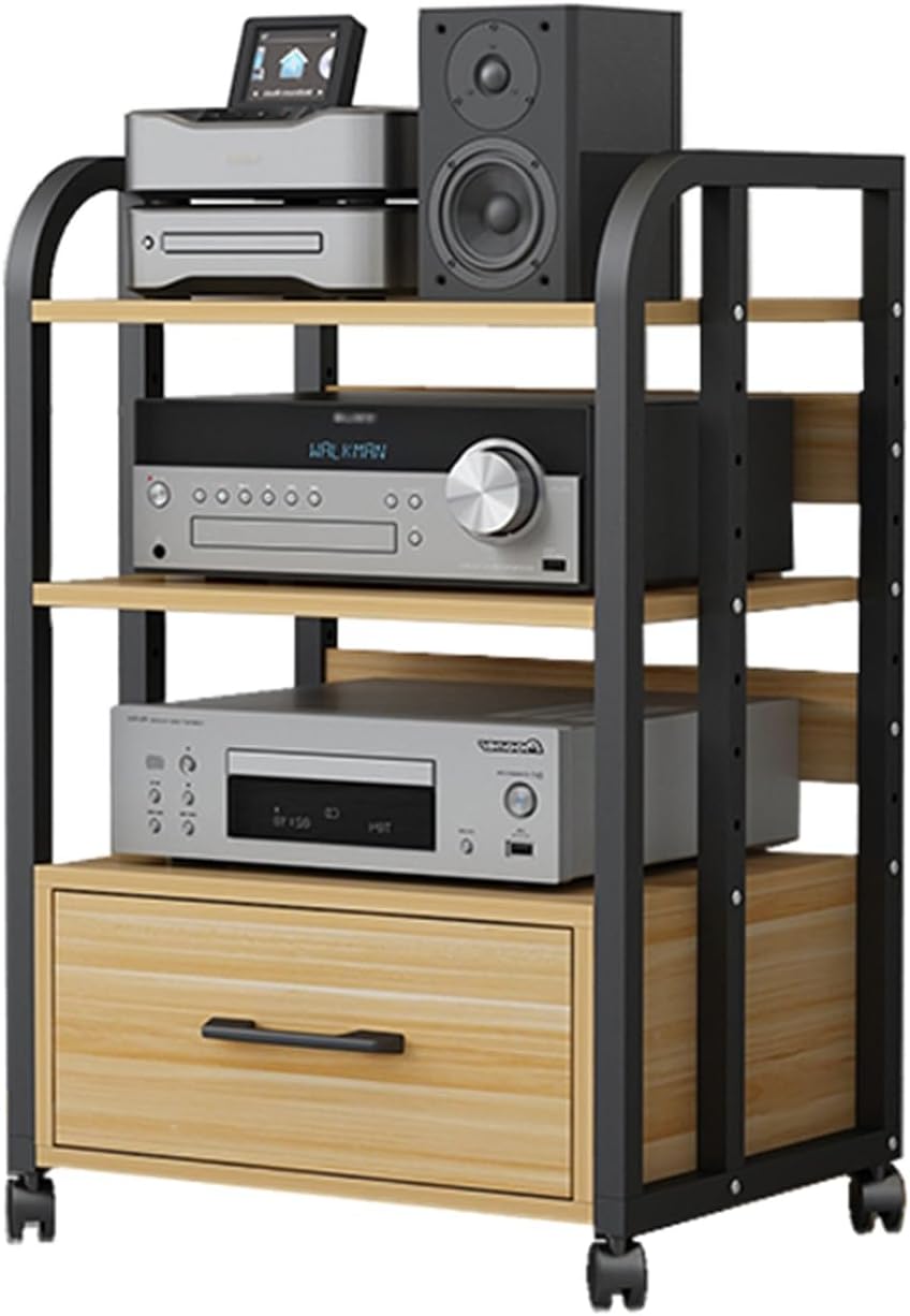 Movable 3 Tier Audio/Video Component Media Stand DVD CD Player Stand Stereo Cabinet Audio Rack with Height Adjustable Wooden Shelves and Drawer for Home/Office/Theater