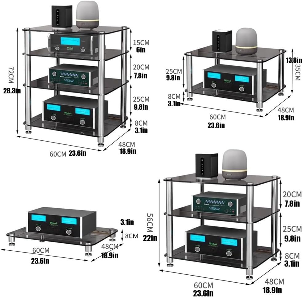 KGPGNYMYHA 4-Tier Glass Media Stand Audio Video Media Center Stereo Cabinet Audio Rack Tower Record Player Display Stand For Living Room Music Studio(Brown