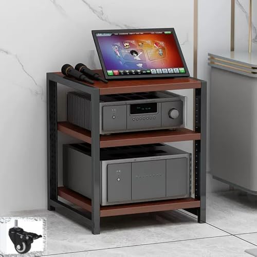 UYCVT Adjustable White Media Storage Cabinet with Wheels | Stereo Tower Rack for Av Equipment | Corner Organizer for Video Game Consoles & Recording Studio-Teak-3-Tier