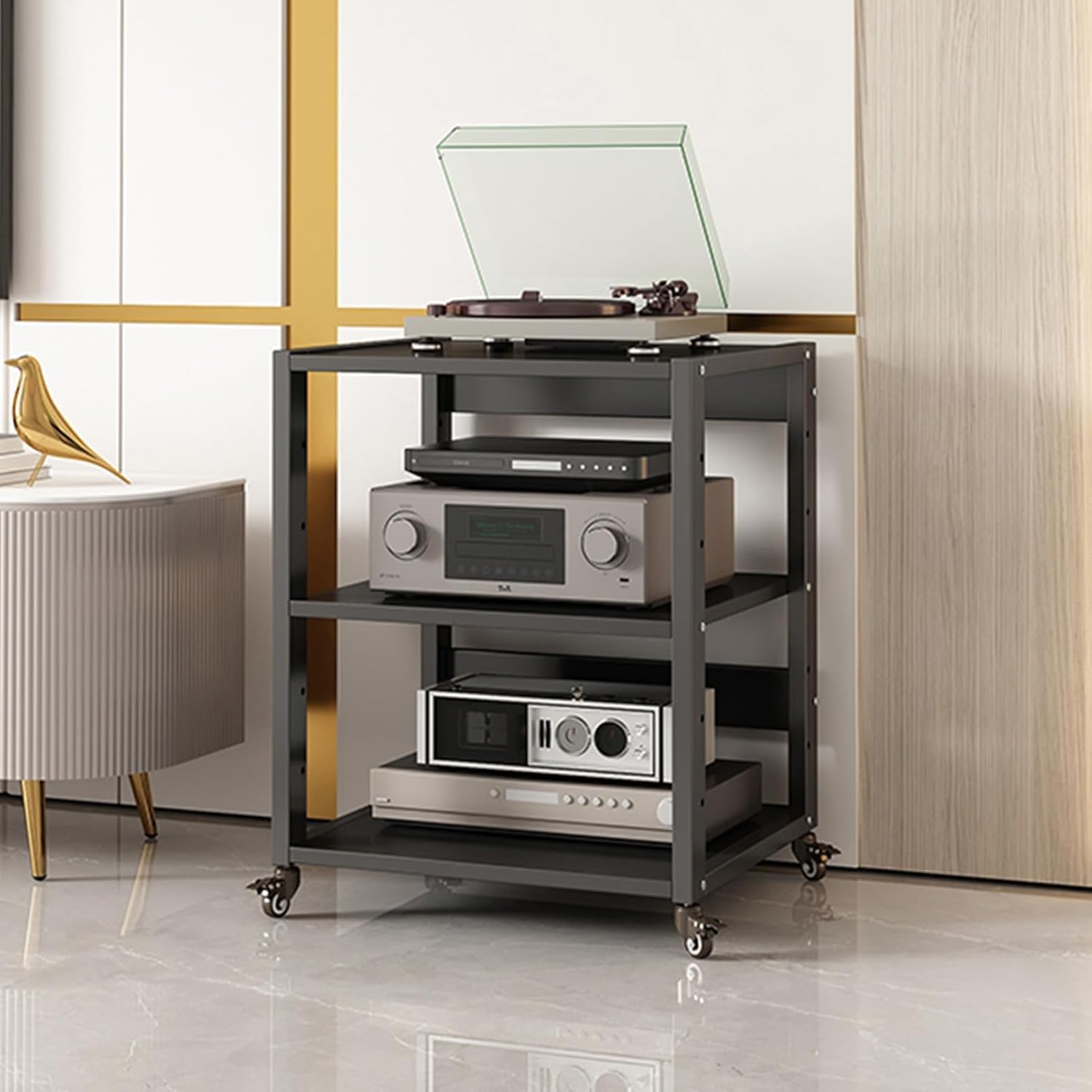 3/4-Tier Movable AV Media Stand Component Cabinet Corner TV Stand Record Player Stereo Rack Audio Tower with Height Adjustable Wooden Shelves for Home/Office/Theater