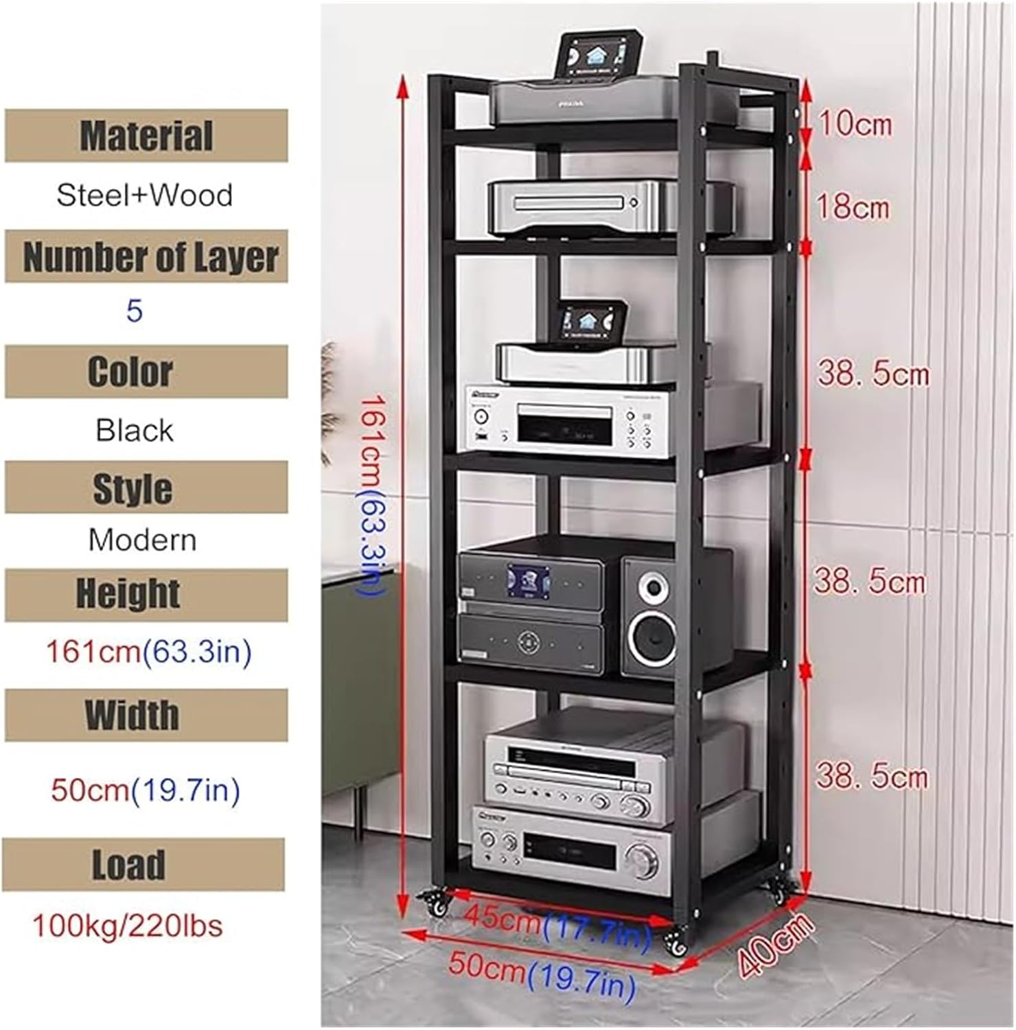 BYZOMU 5 Tier Record Player Stand Stereo Rack with Adjustable Shelves