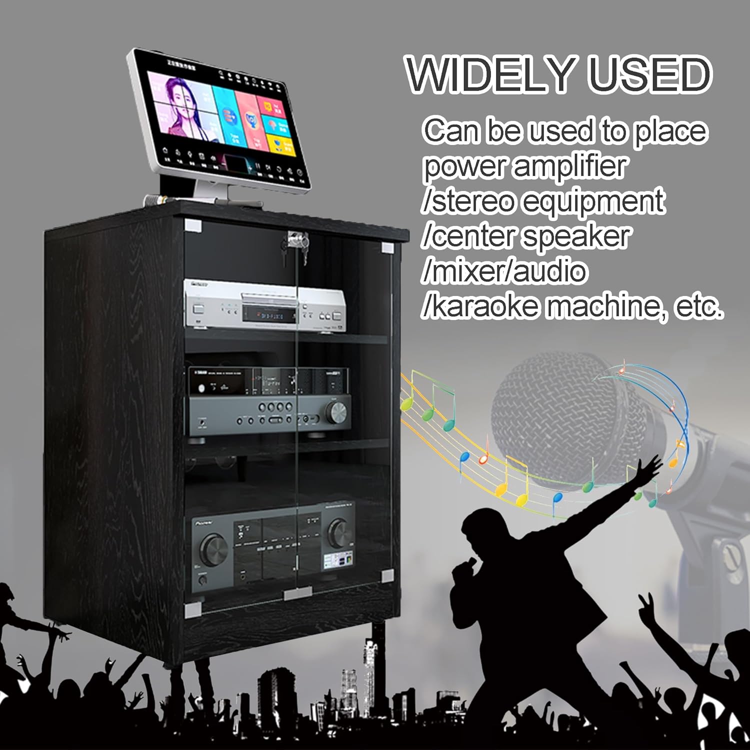 OVOGGPAN AV Media Stand Media Component Cabinet Stereo Audio Rack with Adjustable Shelves Tempered Glass Doors and Cable Management