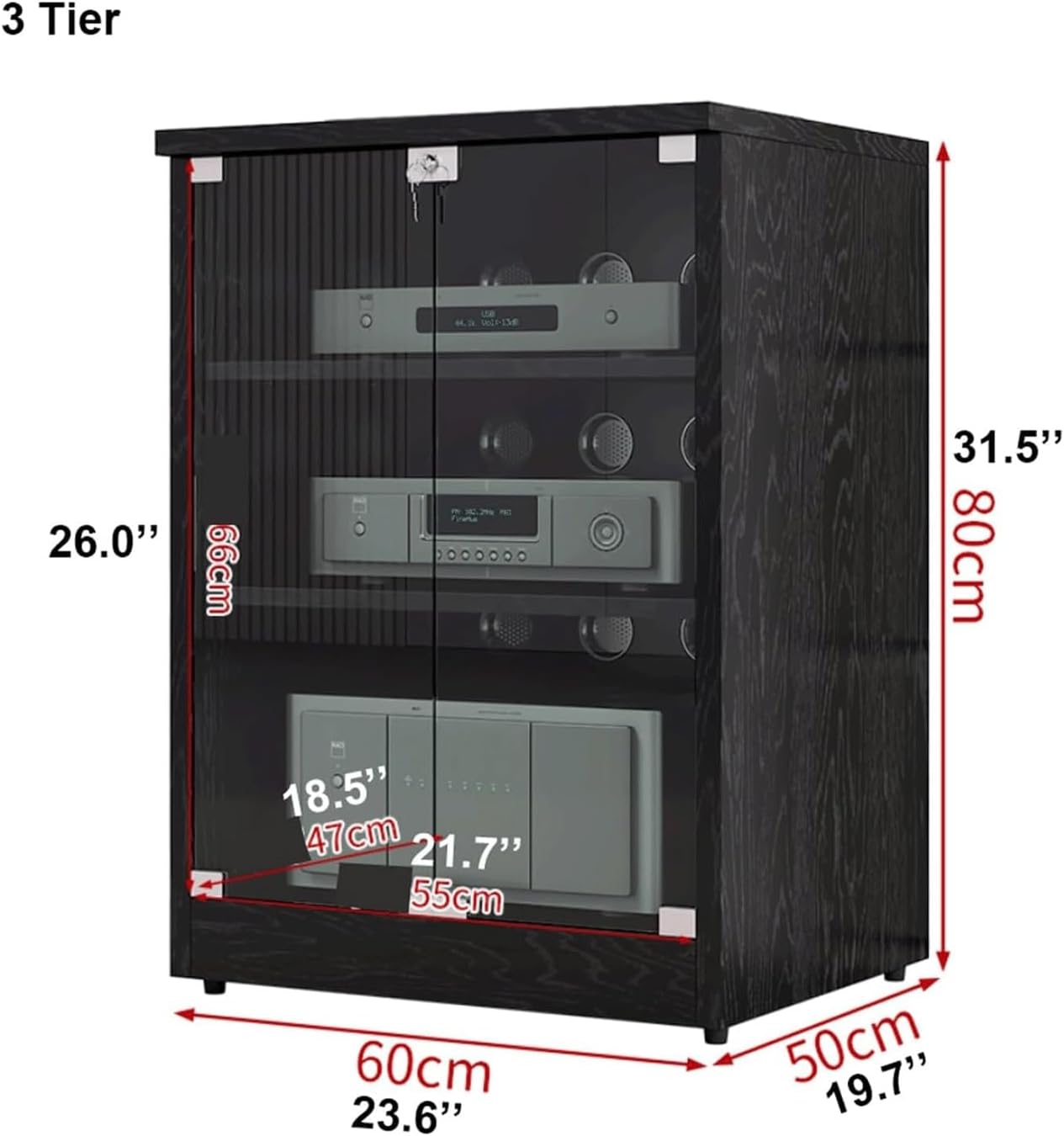 PZEOB Wooden Audio Rack Stand Audio Video Media Stand for Home Office Media Storage Cabinet with Glass Doors and Adjustable Shelves(Black