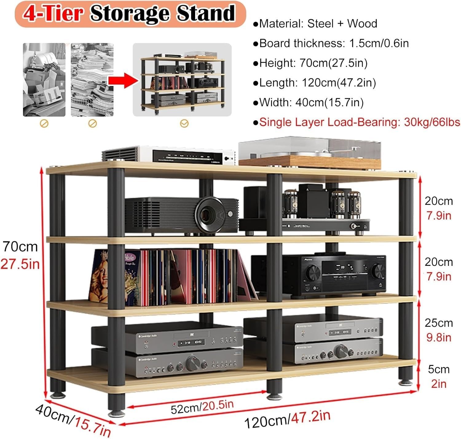 ROPCVAX 4 Tier Audio Component Rack Tower MultiFunctional Stereo AV Media Shelf for Home Office Amplifier Cabinet with Steel Frame Heavy Duty Wooden Storage Table Record Players Stand(White)