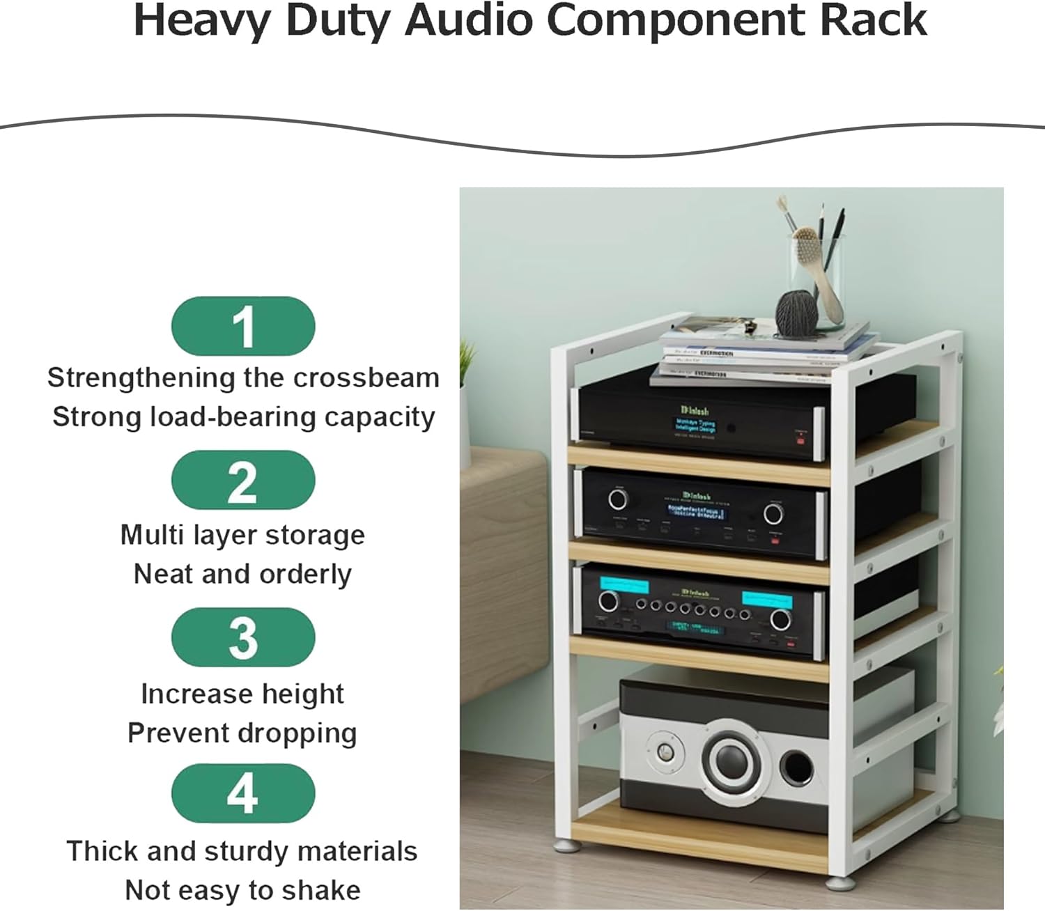 OVOGGPAN Open AV Media Stand Adjustable Audio-Video Shelving Unit with Customizable Shelves & Foot Pads Stereo Component Storage Cabinet for Living Room