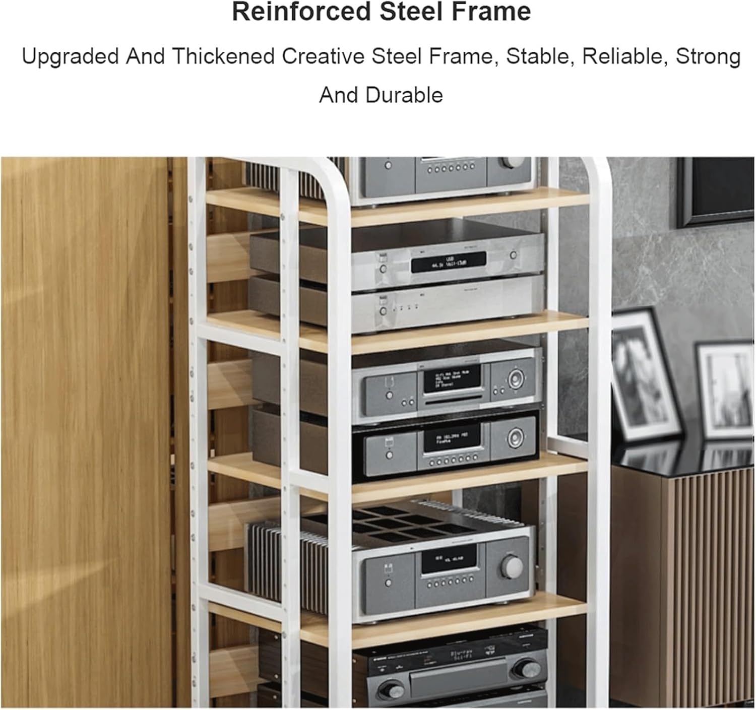 PZEOB Audio Tower Rack Modern Media Stand Adjustable Audio-Video Shelving Open Design AV Storage Shelves with Wheels Record Player Stand(White