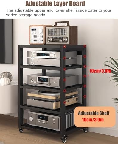 USZWBY HiFi Racksheavy Duty 2 Tier Audio Rack Cabinet with Wheels Entertainment Stereo Components Stand for Audio Video Media Av Shelf Tower Racks and Stands(H 48.2Cm-3 Tier)