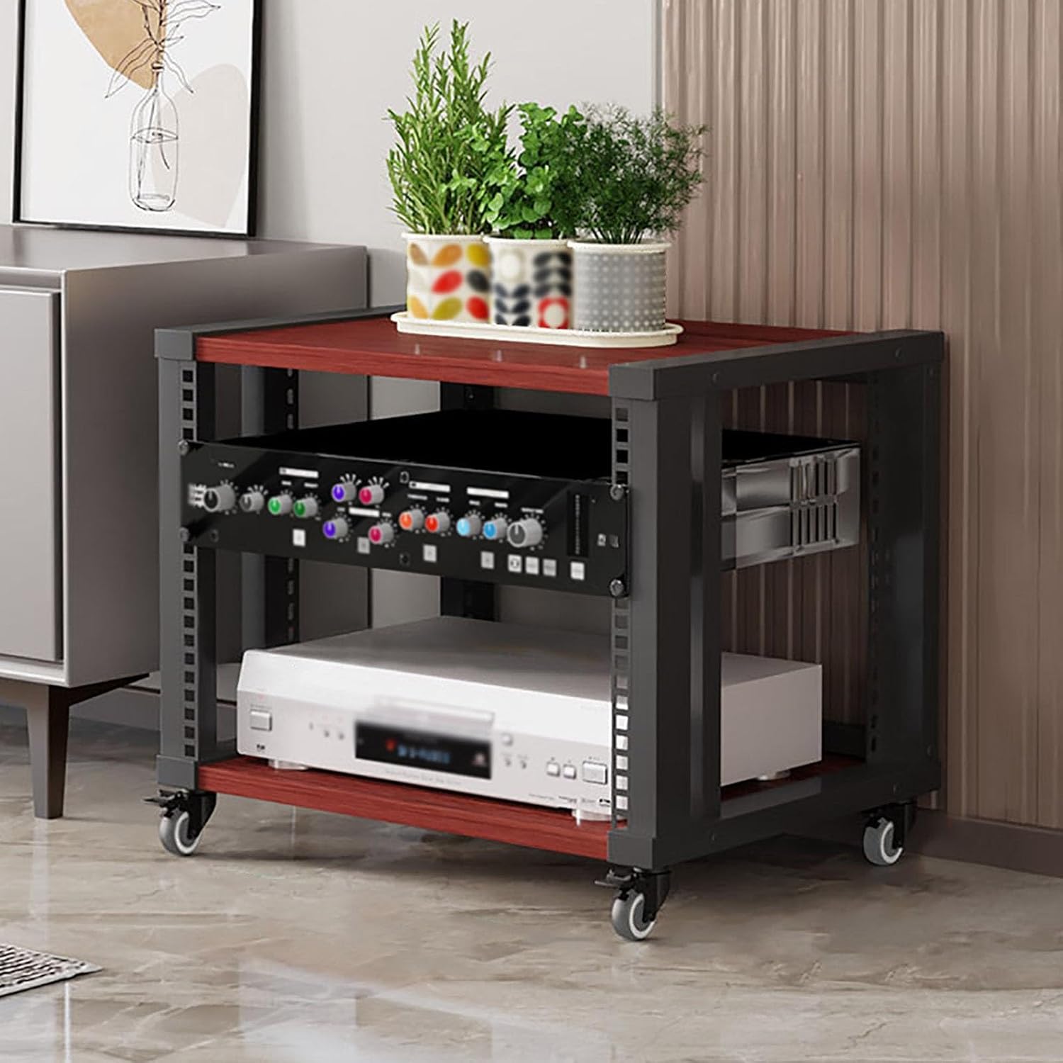 Sepsephiria AV Media Stand with Wheels 2/3/4/5 Audio Rack Tower Gaming Shelves Shelf Height Adjustable Stereo Racks and Stands loor Standing Removable Stereo Cabinet Easy to Assemble(Teak