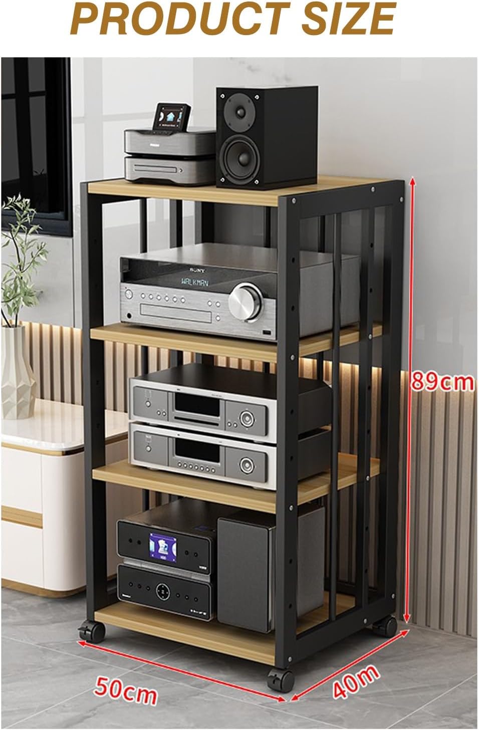 YLQFGUVWK 4-Layer Removable Media Stand Audio/Video Stand CD Player Stand Stereo Component Storage Cabinet With Height Adjustable Wooden Shelves(Light walnut)