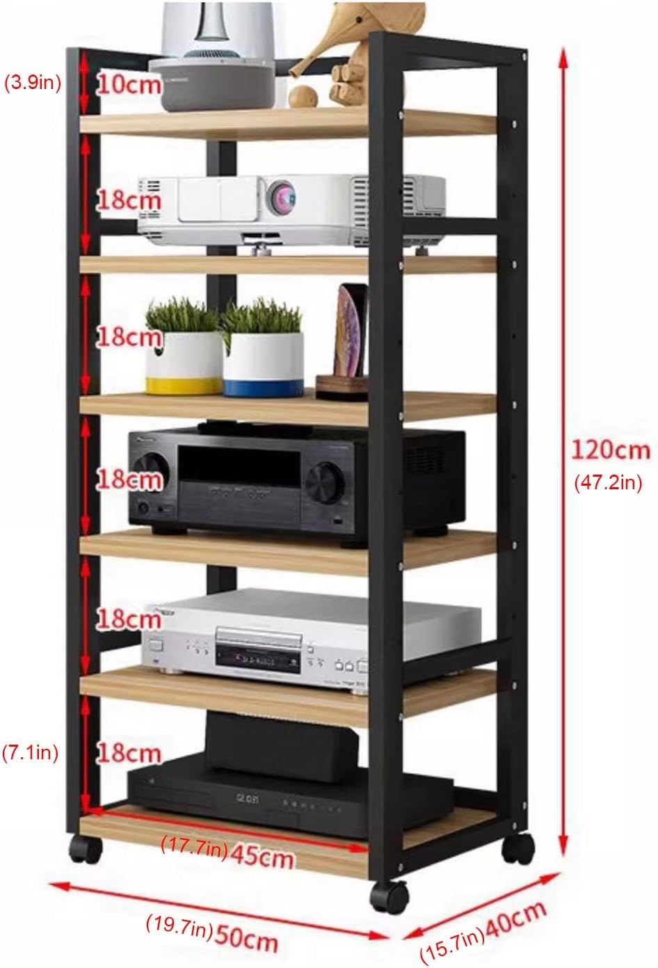 Movable 6-Tier AV Media Stand Corner Shelf CD Player Stand Entertainment Stereo Component Cabinet Audio Rack Tower with Height Adjustable Wooden Shelf for Home/Office/Theater(Color:B)