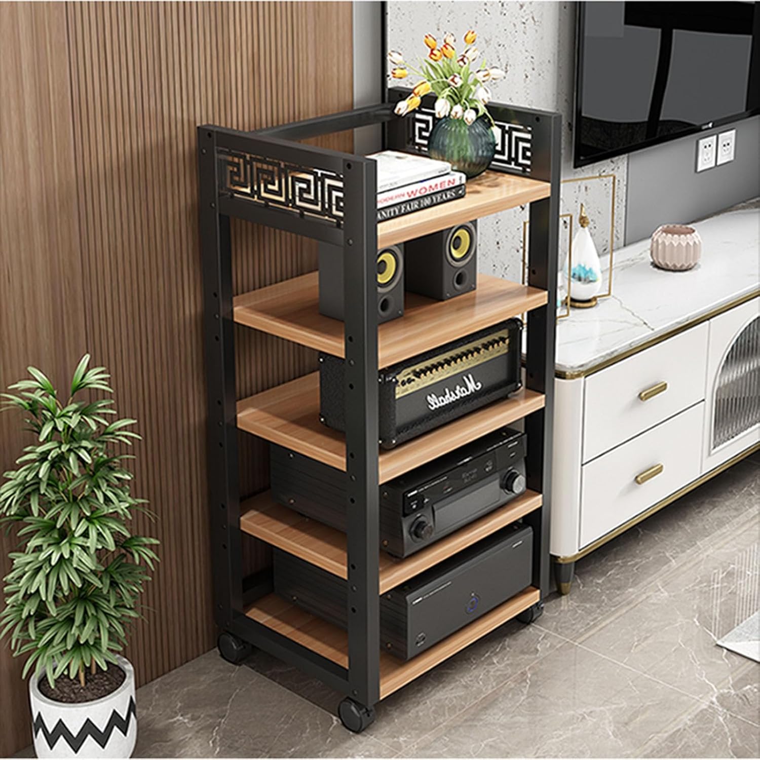 5-Tier Movable AV Media Stand Audio Rack CD Player Stand Stereo Component Storage Cabinet with Height Adjustable Wooden Shelf for Home/Office/Theater