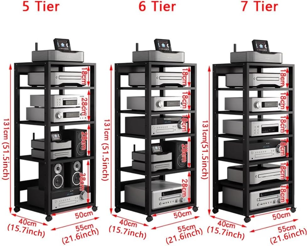 BERWDUXA 5/6/7-Tier Audio Component Rack Movable AV Media Stand TV Shelf Audio Tower Height Adjustable Wood Shelves Stereo Storage Cabinet 5040131cm(Teak