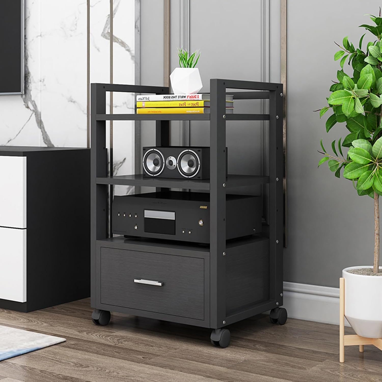 Movable 3-Tier AV Media Stand Audio/Video Rack CD Player Stand Modern Stereo Component Cabinet with Adjustable Wooden Shelves and Storage Drawer for Home/Office/Theater