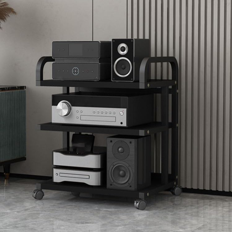 Audio-Video Media Stand With Wheels 3/4 Tier Heavy Duty Stereo Rack Open Audio Video Storage Cabinet Modern Media Cabinet For Home Office(Black