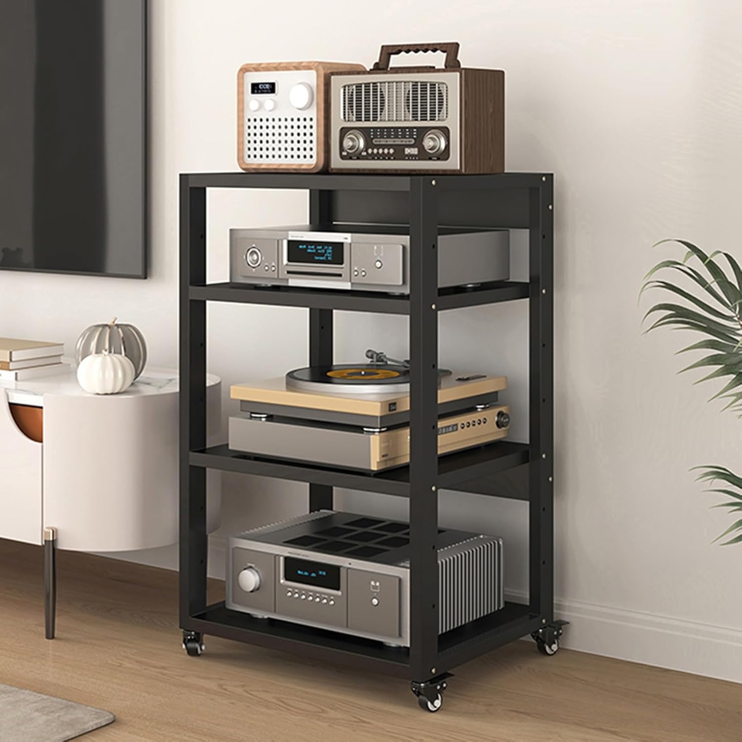 Movable 4-Tier AV Media Stand with Height Adjustable Steel Shelf