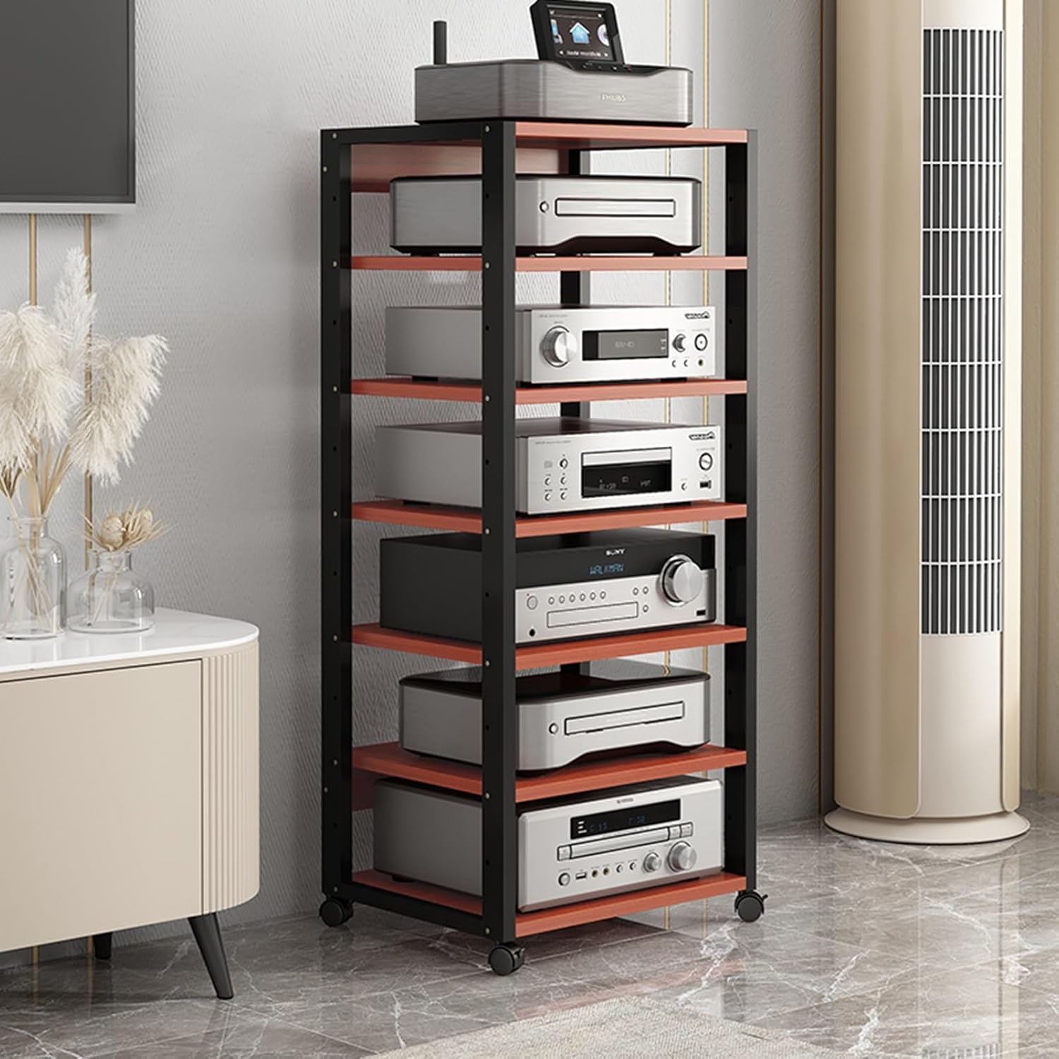 5/6/7-Tier Movable AV Media Stand CD Player Stand Stereo Rack Corner TV Stand Audio Video Components Cabinet with Height Adjustable Wooden Shelf for Home/Office/Theater