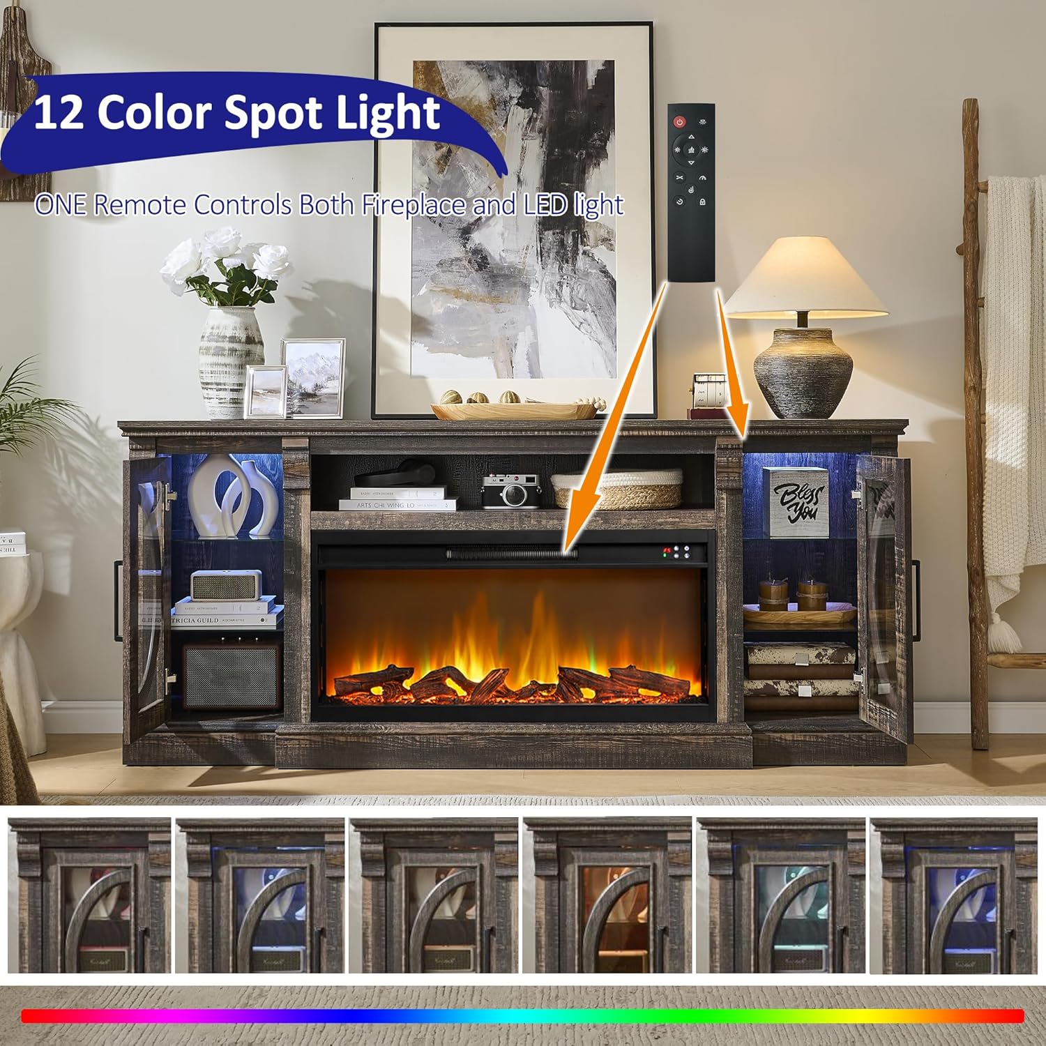 Unineo Crescent TV Stand with Fireplace for up to 80 Inch TV