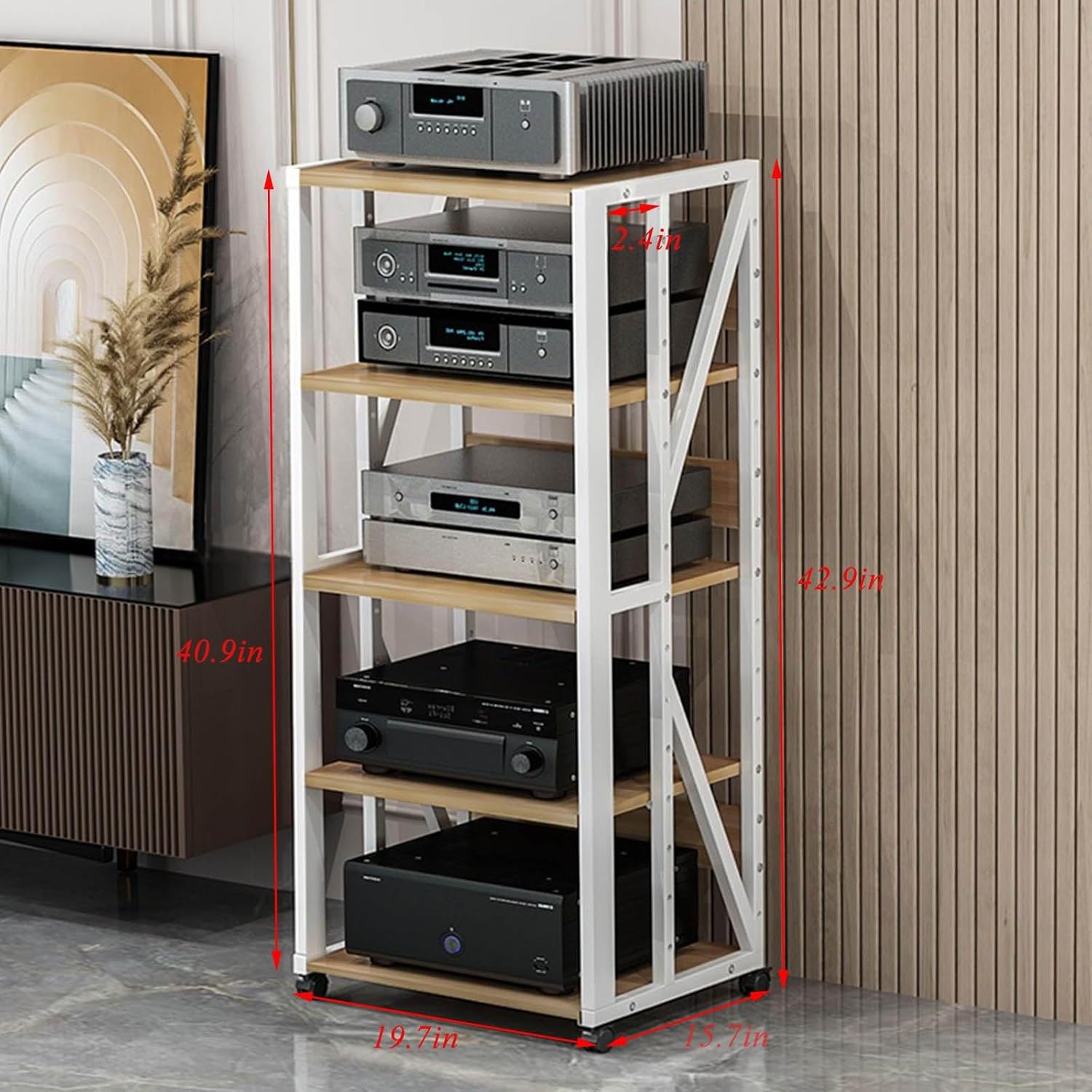 LjsJawrxen Wooden Audio Stand Audio Cabinet 5-Tier Corner Shelf Movable AV Media Player Stand Multi-Function Audio-Video Shelving Stereo Cabinet Furniture for Home/Office/Theater