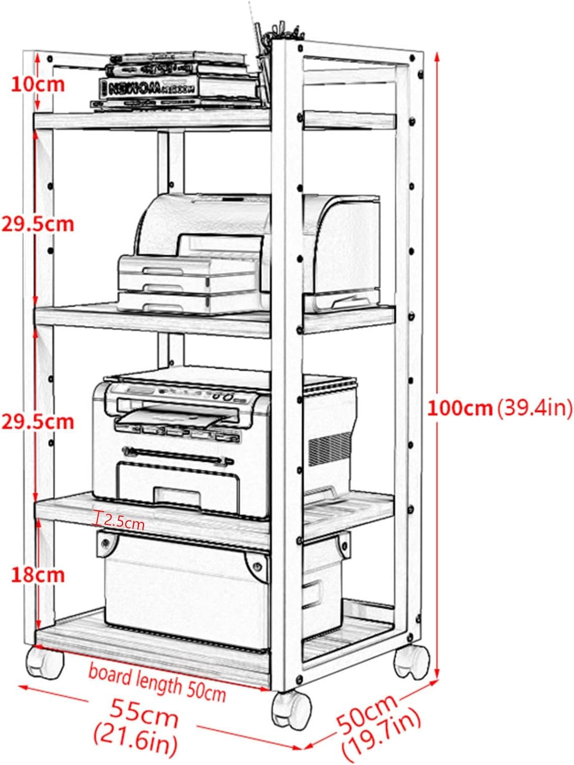 Printer Stand 4 Tier Floor-Standing Storage Shelves Office Supplies Fax Scanner File Books Storage Multifunction Rack Shelf with Wheels Movable Kitchen Cart 5550100cm (Color : Black)