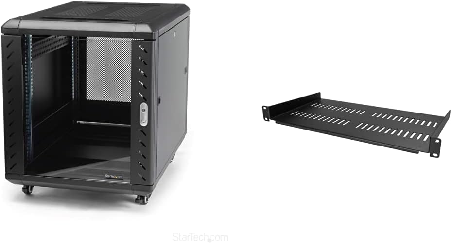 StarTech.com 12U AV Rack Cabinet with 1U Vented Rack Mount Shelf (RK1236BKF + CABSHELFV1U)