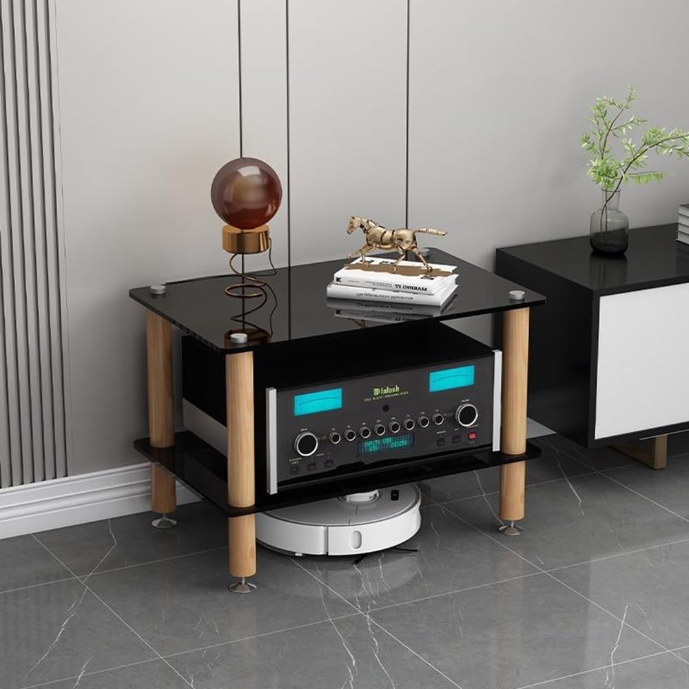 UYCVT Premium 3/4 Tier HiFi Racks with Tempered Glass Shelves and Solid Wooden Legs Media Storage Cabinet with Shock Absorbing Design for Audio Rack Cabinets-Black-2 Tier