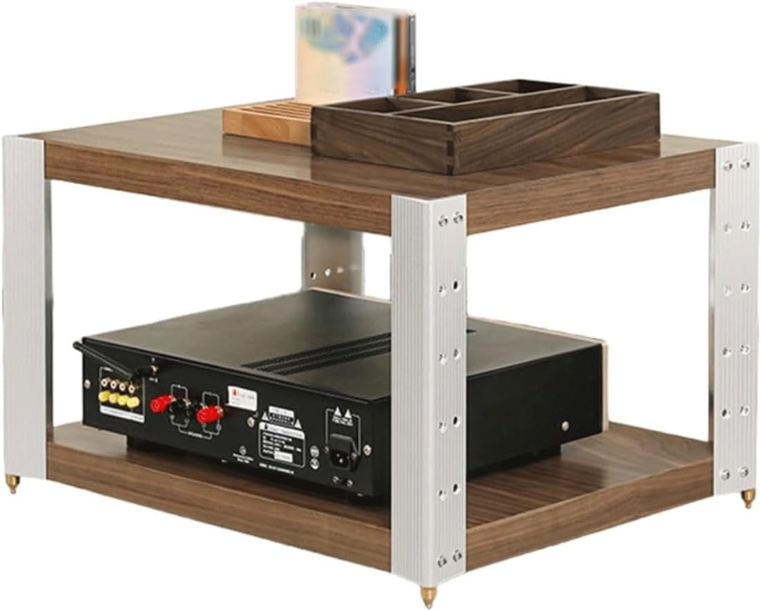 XMFBSY Medios Wooden AV Media Stand with Aluminum Alloy Frame Corner Game Console Stereo Stand Audio Tower Rack with Adjustable Shelves for TV Organizer(Walnut
