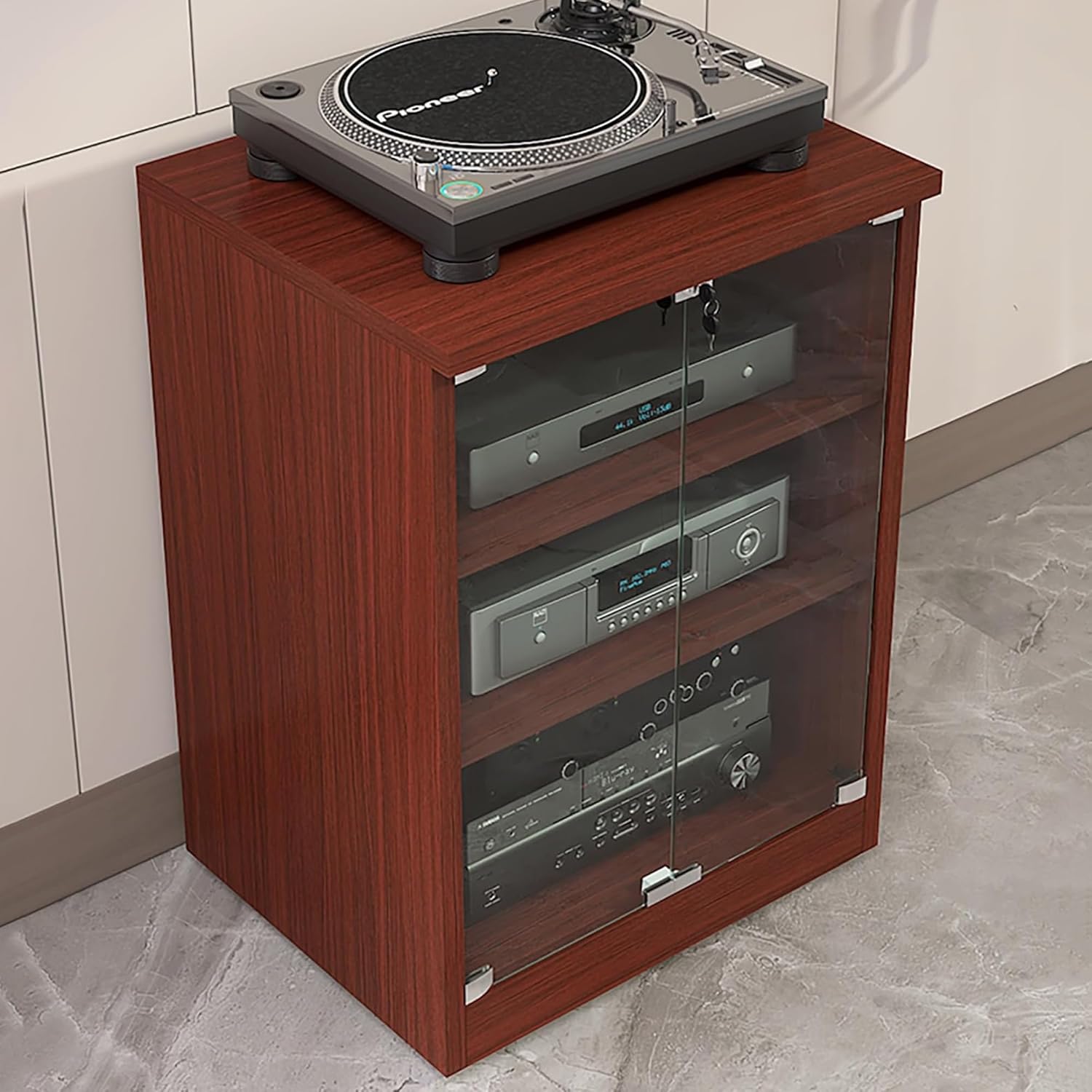 OVOGGPAN AV Media Stand Media Component Cabinet Stereo Audio Rack with Adjustable Shelves Tempered Glass Doors and Cable Management