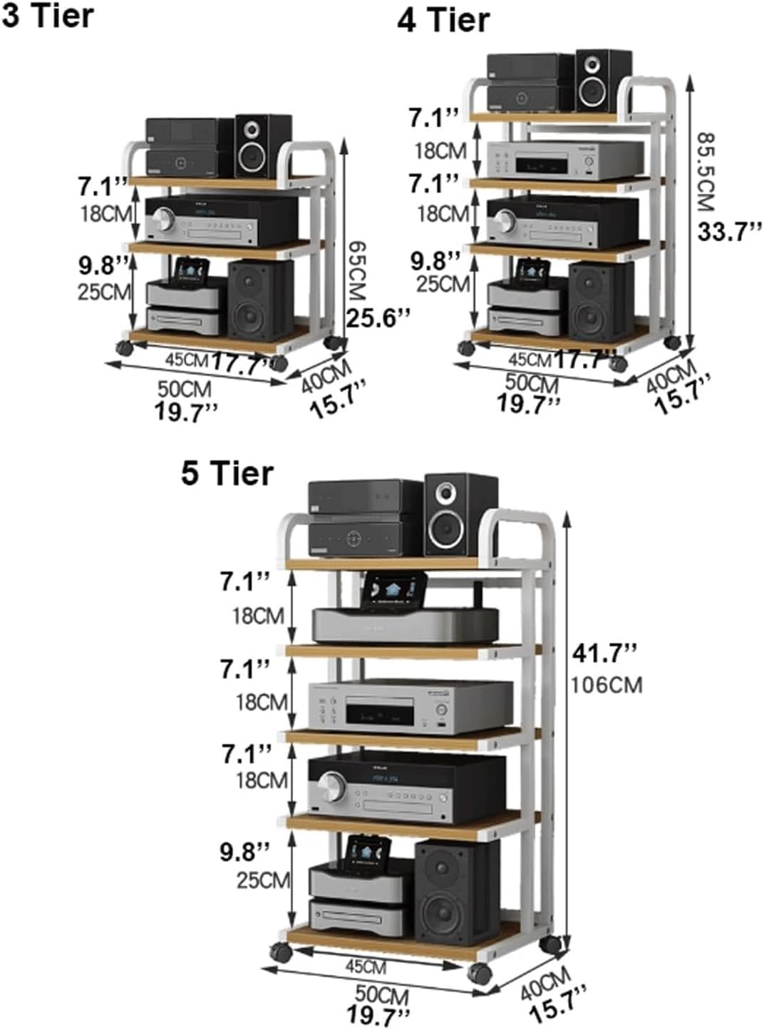 PZEOB AV Media Stand Carbon Steel + E1 Grade Plate Audio Rack Stand with Wheels Stereo Component Stand Audio-Video Shelving Stereo Rack(Black