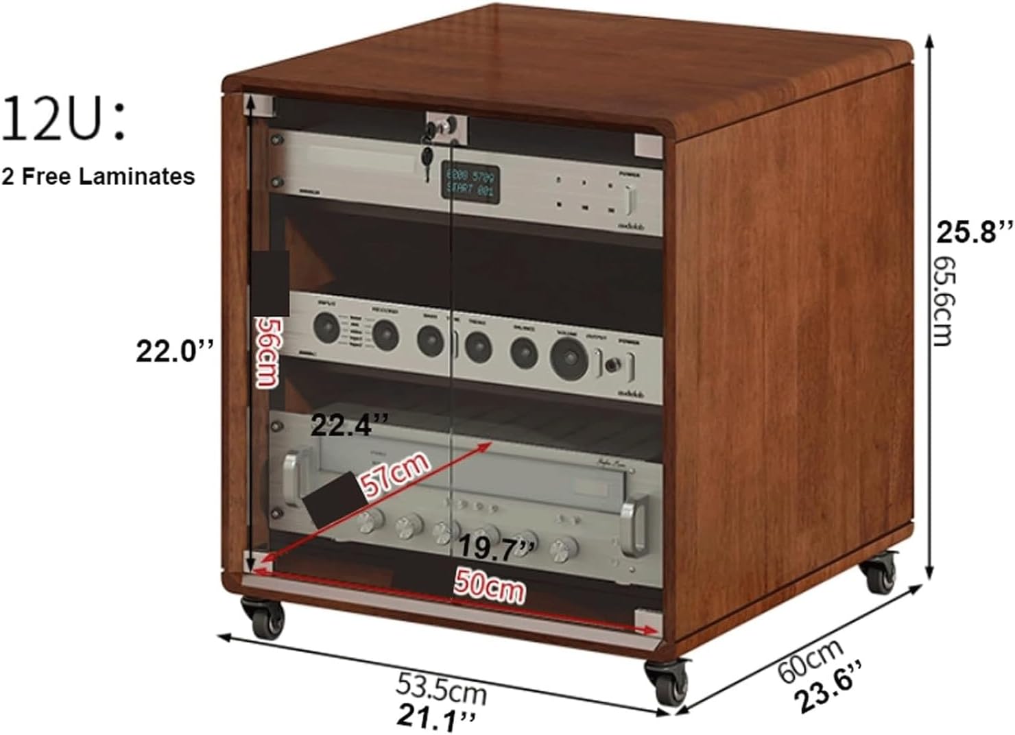 PZEOB Wooden Audio Video Stand 3/4/5 Tier AV Media Cabinet with Glass Door and Adjustable Shelves Stereo Component Cabinet with Wheels(53.5x60x65.6cm)