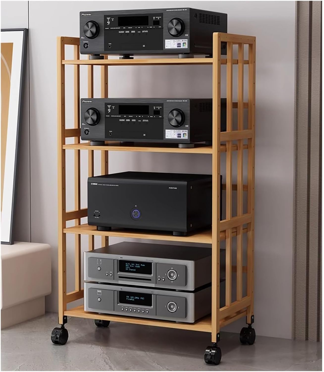 2 3 4 5 Tier Stereo Rack System Cabinet with Height-Adjustable Shelf & Wheels