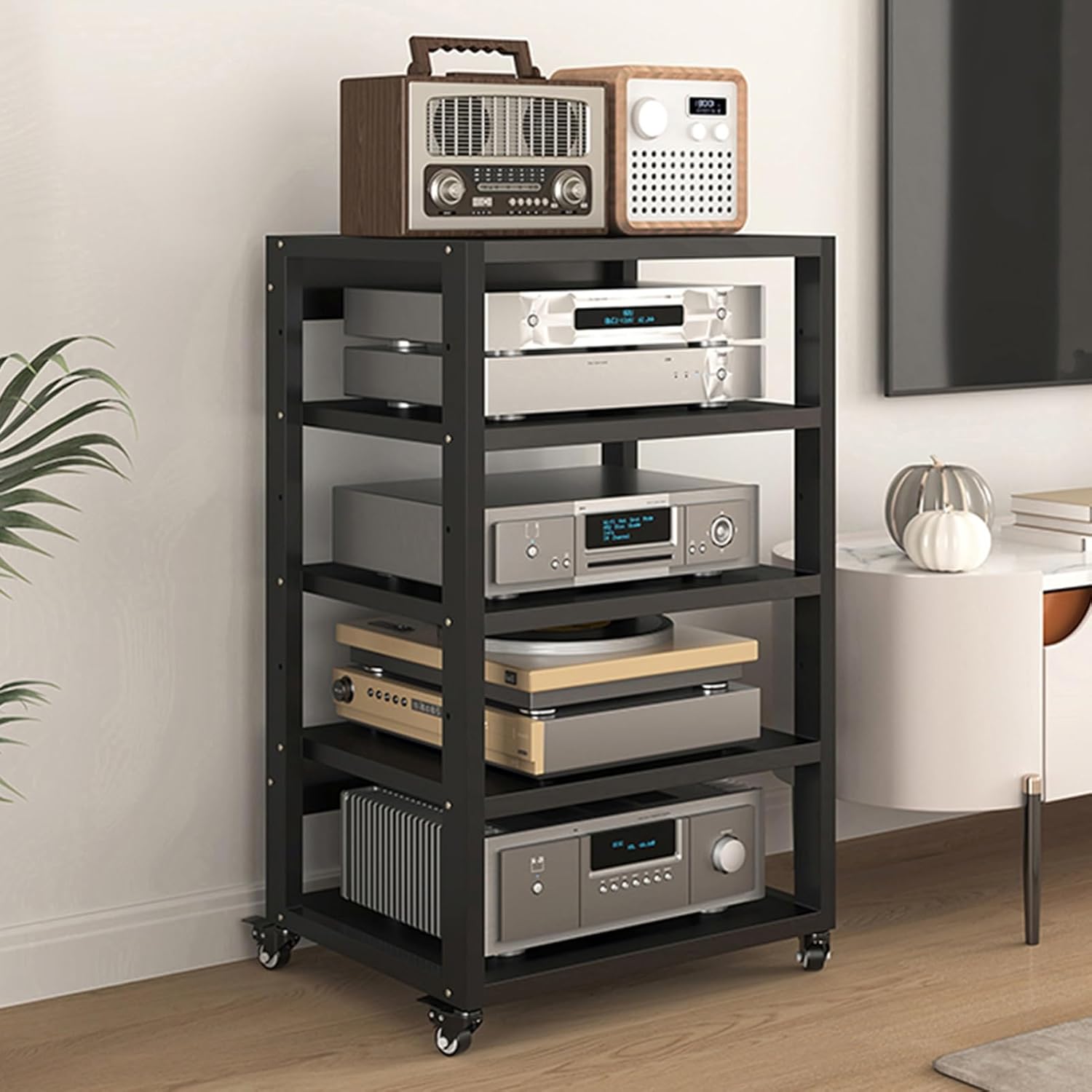 5-Tier Movable Media Compontent TV Stand Audio Video Tower CD Player Stand Stereo Rack Modern AV Cabinet with Height Adjustable Steel Shelf for Home/Office/Theater