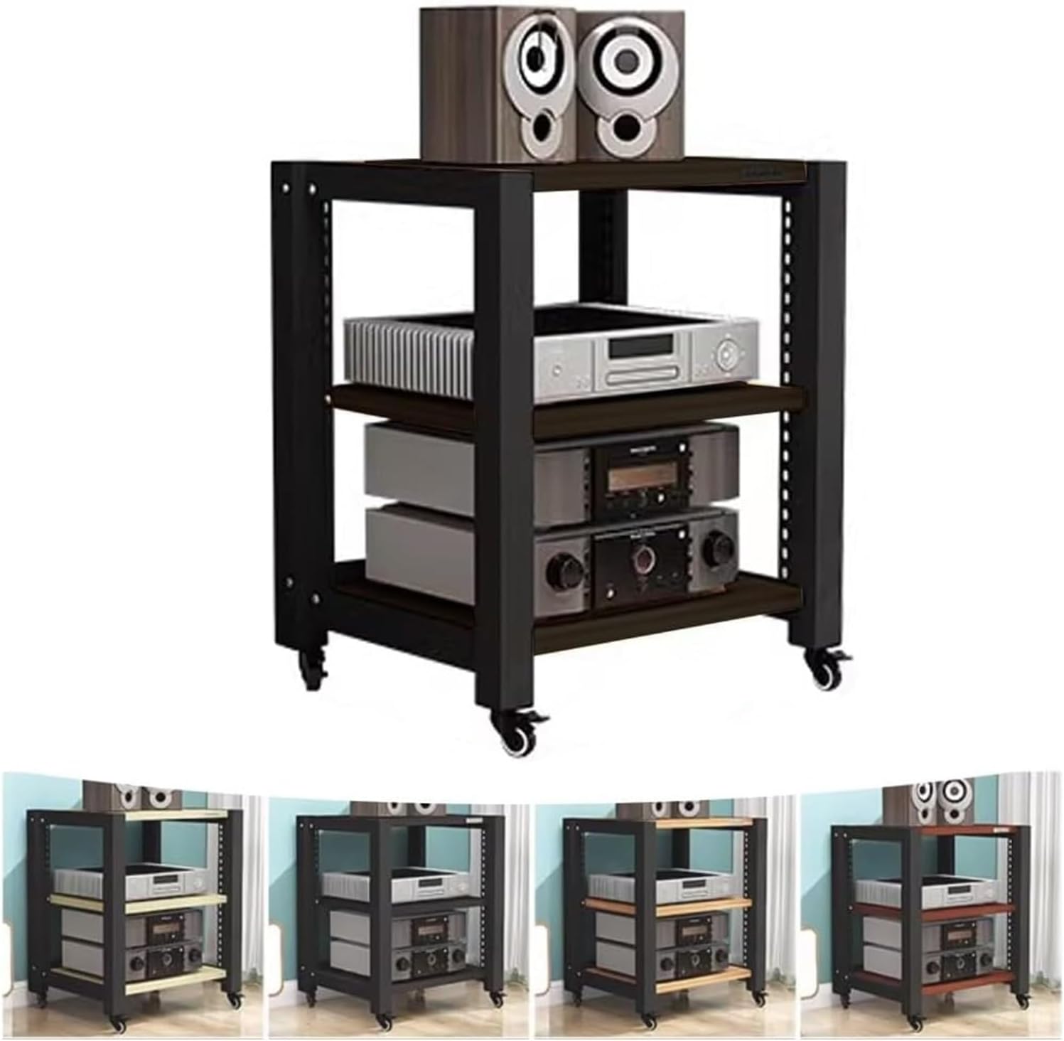 Heavy-Duty Adjustable HiFi Audio Rack with Wheels - Multifunctional Media Cabinet for Stereo Components