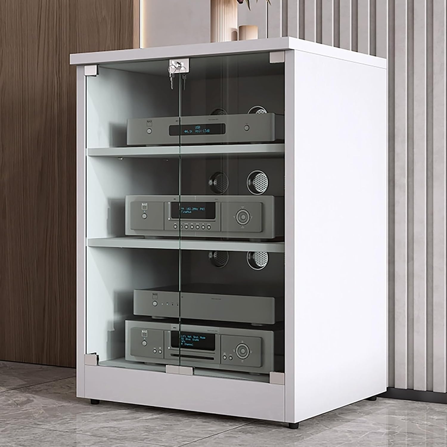 UYCVT Wood Tv Stand with Glass Door Adjustable Shelves Cable Holes White Audio Rack for Av Media Storage 3 Tier Stereo Cabinet-White-3 Tier 120x48x54CM