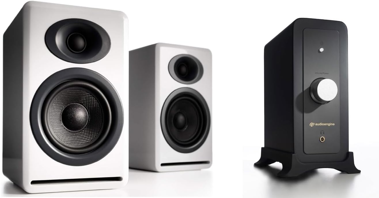 Audioengine P4 White Passive Bookshelf Speakers with N22 100 Watt Bluetooth Desktop Amplifier