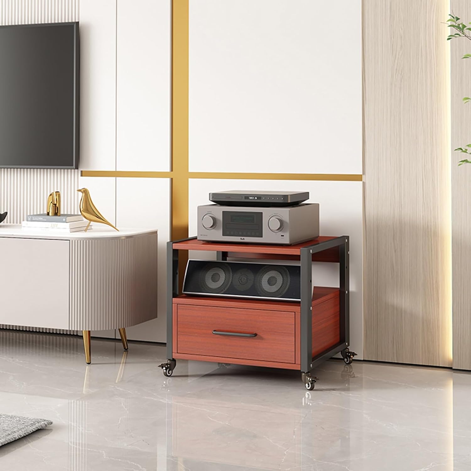 Movable AV Media Stand Component Cabinet Open Storage Corner TV Stand Record Player Stereo Rack Audio Tower with Height Adjustable Wooden Shelves and Drawer for Home/Office/Theater (Color : A