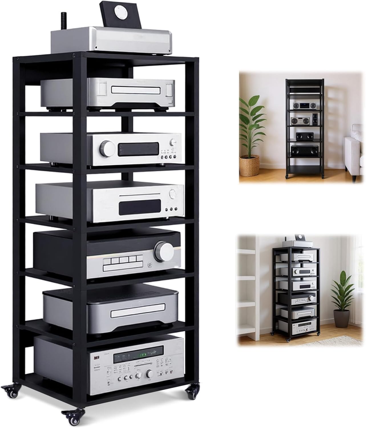Media Storage Shelf with Wheel Audio Media Stand Adjustable Media Console Cabinet Shelf Heavy Duty for CD Record Player Stereo Receiver AV Equipment