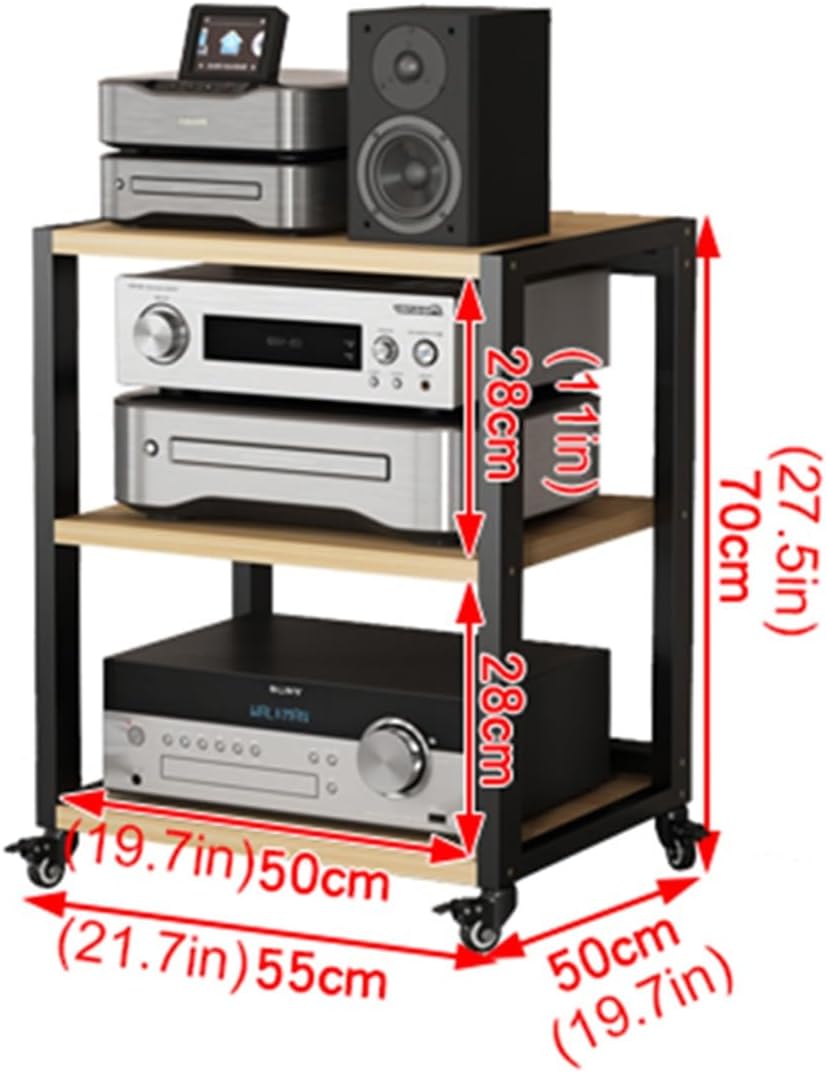 Movable AV Media Player Stand Corner Shelf 3-Tier Wooden Shelves Entertainment Stereo Component Storage Cabinet CD Rack Audio Tower for Home/Office/Theater