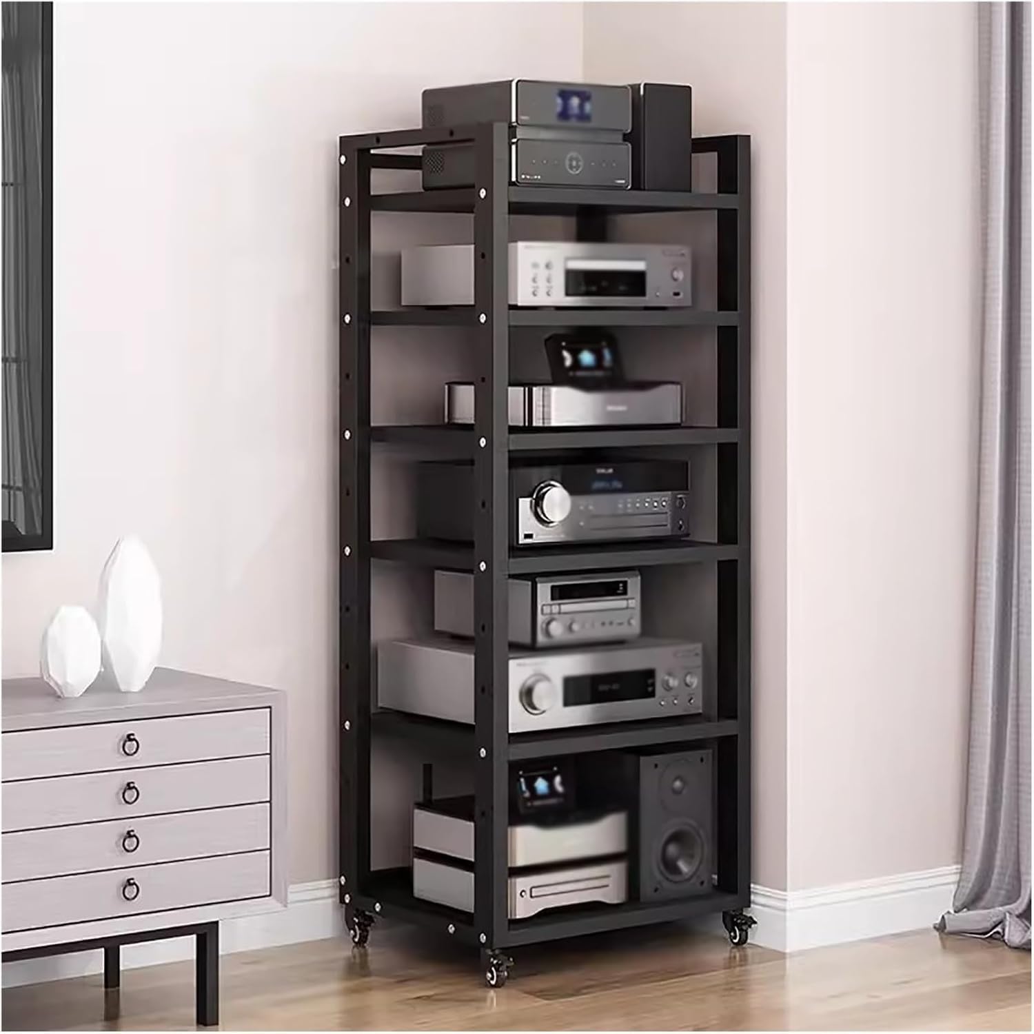ROPCVAX 6 Tier Movable AV Media Stand Wooden Corner Shelf with Open Storage Rack Record Player Turntable Stereo Component Console Cabinet for Home Office Theater Living Gaming Room Black Color