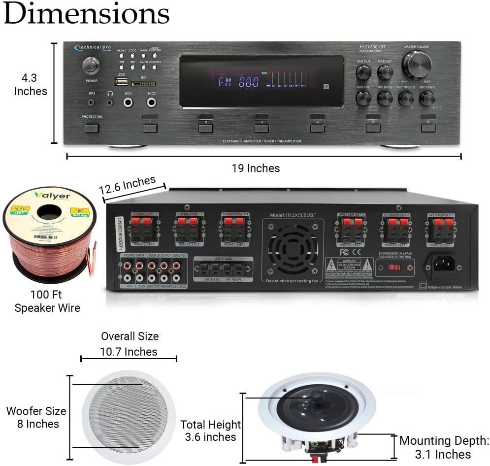 Home Stereo System Kit - 6 Channel 6000 Watts Bluetooth Amplifier w/ 6 Qty of 8 Framed Ceiling Speakers 300 W Each