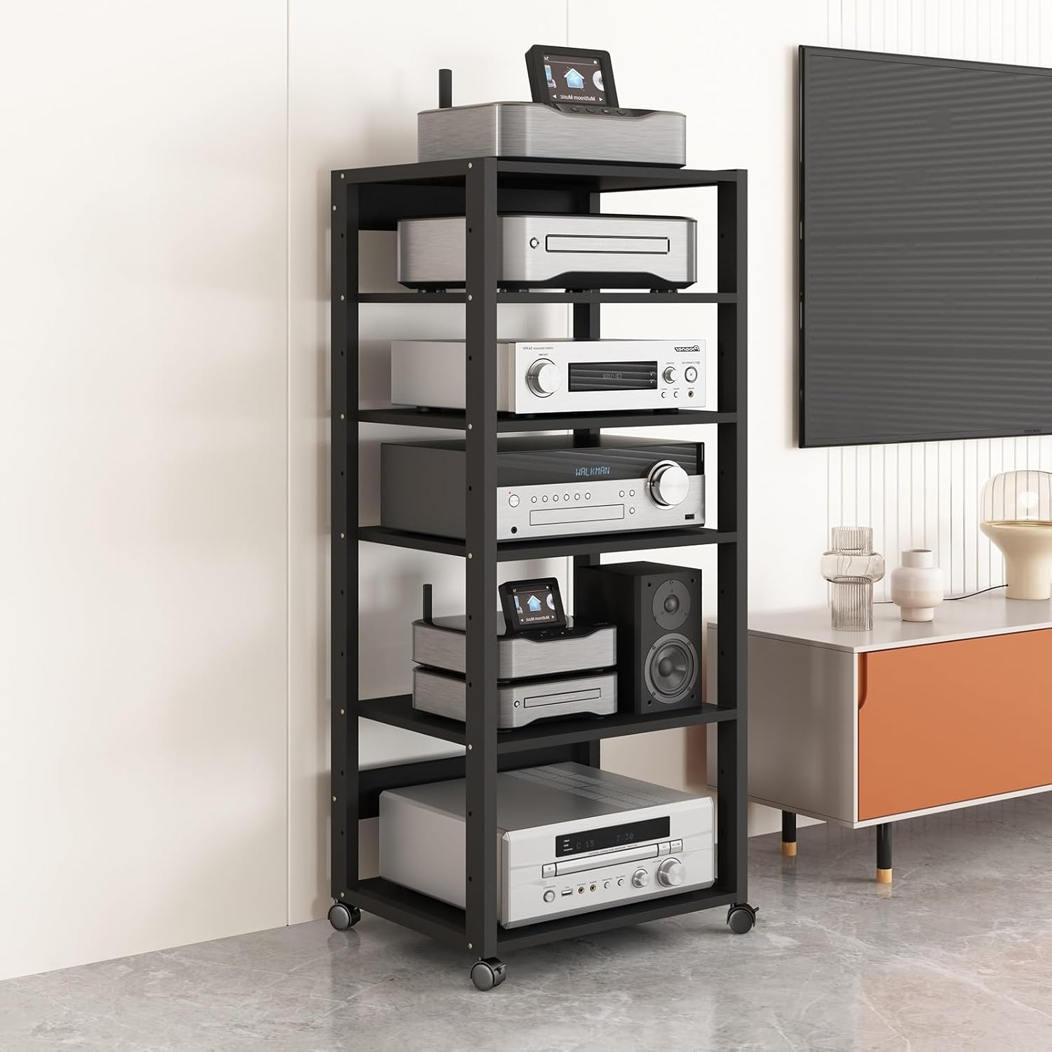 2/3/4/5/6 Tier Movable AV Media Stand Audio Rack CD Player Stand Stereo Component Storage Cabinet with Height Adjustable Wooden Shelf for Home/Office/Theater