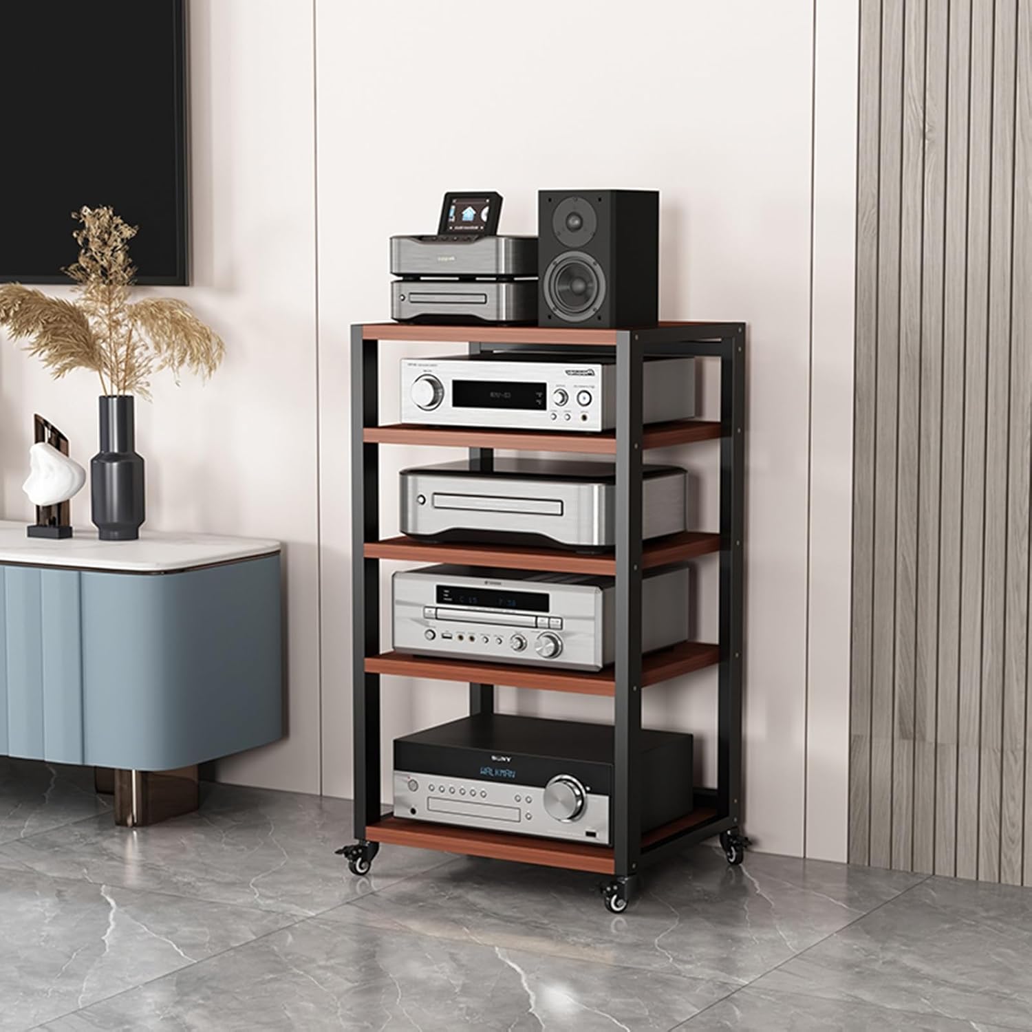 Movable AV Media Stand CD Player Stand Modern Entertainment Stereo Component Cabinet Audio Rack Tower Multi-Function Open Storage Wooden Shelves
