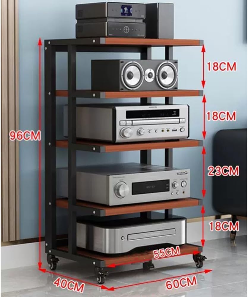 NILZA Audio Stand HiFi Rack AV Cabinet Media Stand Audio Video Component Cabinet with Brake Wheel 4/5/6-Tier Stereo Rack Corner Rack Audio Tower Open Audio Cabinet(White+Walnut