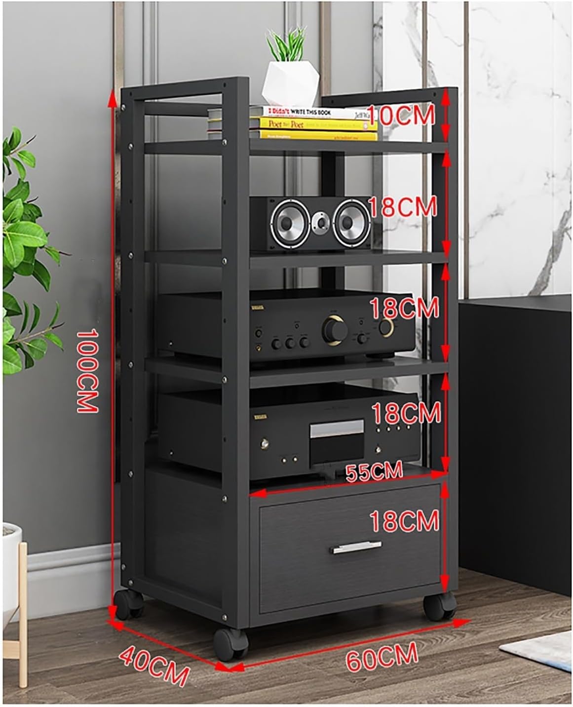 60 Long Multi-Tier Audio Rack with Drawer Amplifier Stand HiFi AV Cabinet Mobile Kickstand CD Rack Media Storage Shelf Protects and organizes Your Valuable Music
