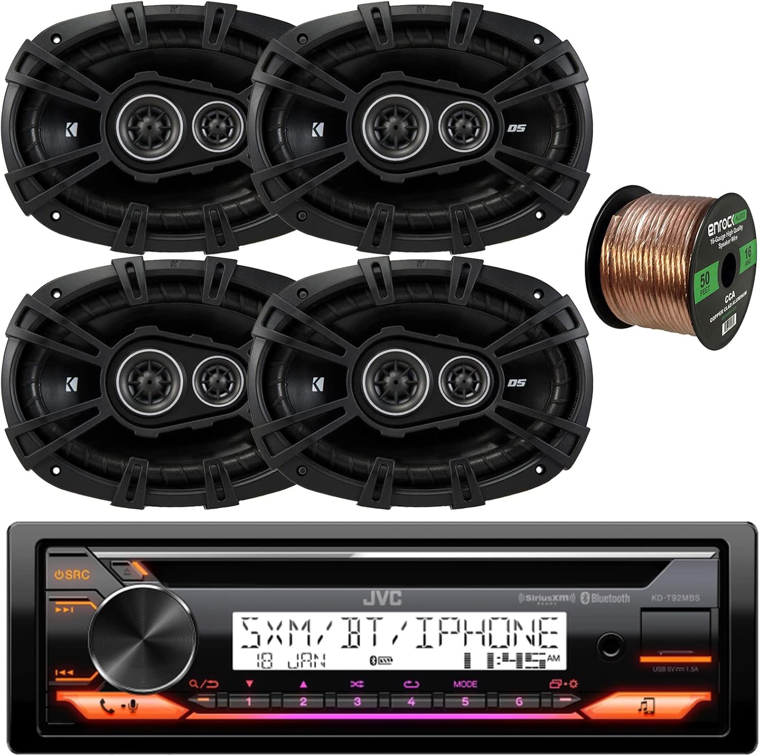 JVC KD-T92MBS Marine Boat Yacht Radio Stereo USB AUX CD Player Receiver Bundle Combo with 4X Kicker 6x9 Inch 360 Watt Car Coaxial 3-Way Audio Speakers + Enrock 50 Foot 16-Gauge Speaker Wire