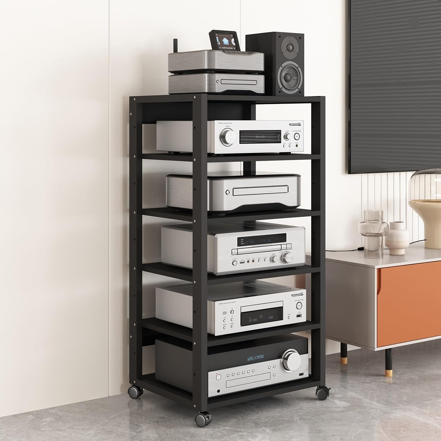 4/5/6-Tier AV Media Stand Power Amplifier Rack CD Player Stand Movable Audio Tower with Height Adjustable Wooden Shelf